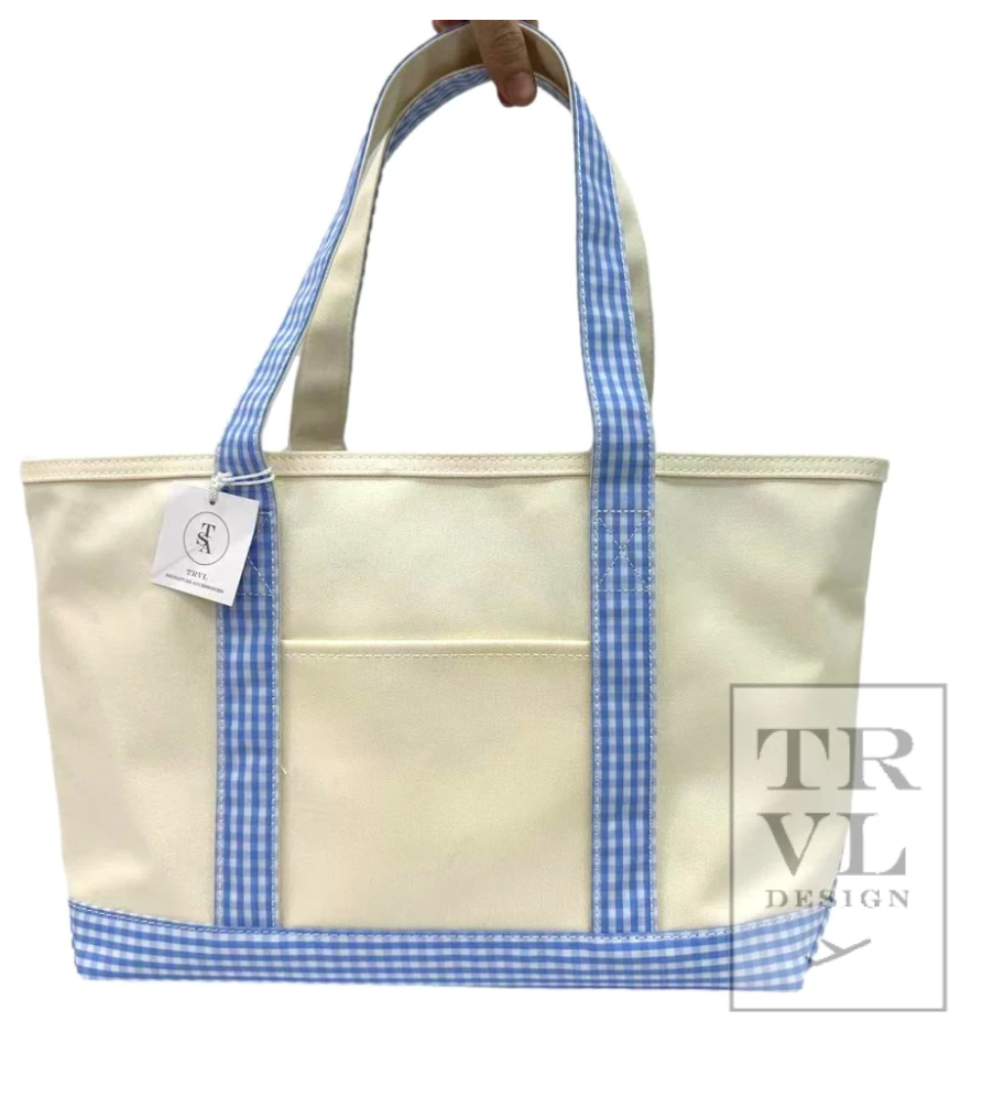 Medium Tote- Coated Canvas: Sky Gingham
