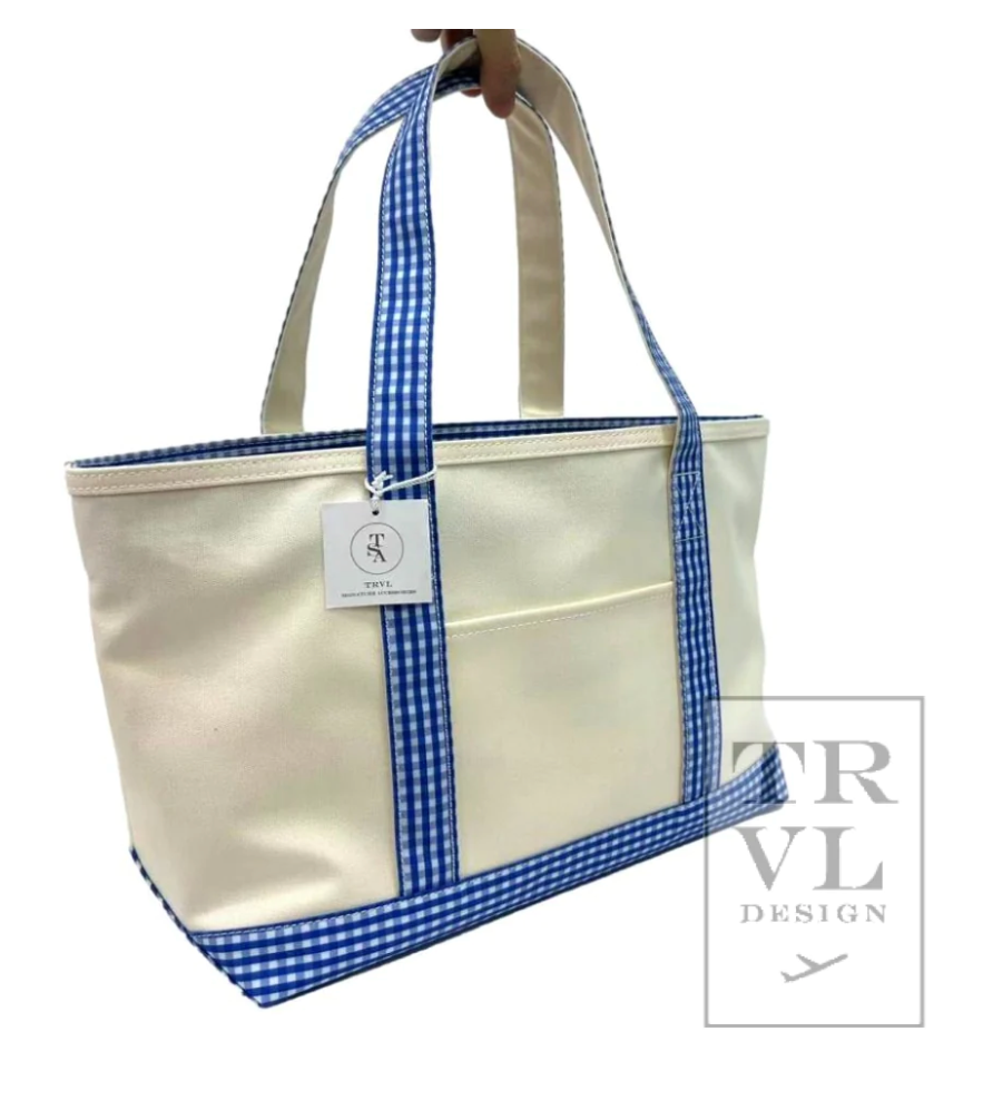 Medium Tote- Coated Canvas: Royal Gingham