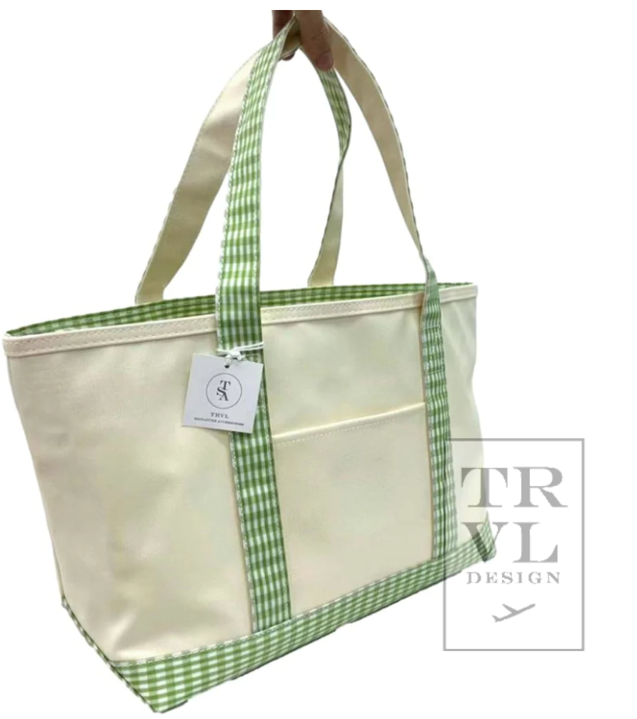 Medium Tote- Coated Canvas: Leaf Gingham – Crick and Lu Embroidery