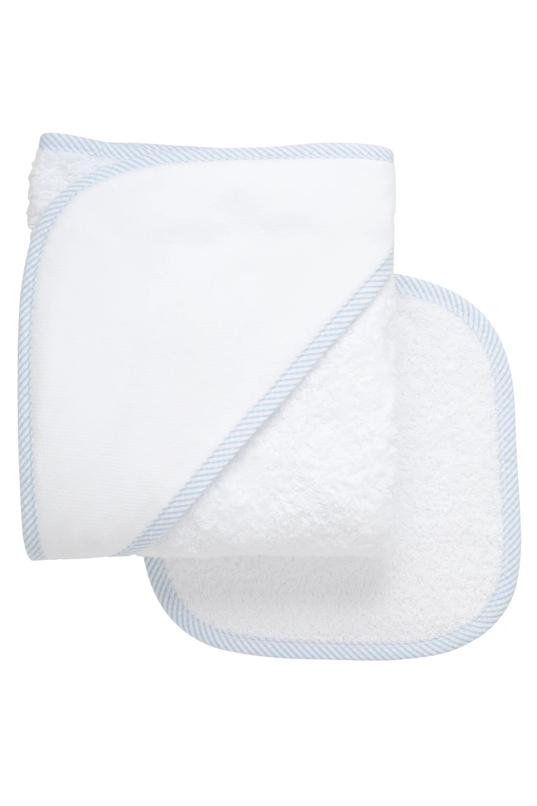 Seersucker Stripe Trim Baby Hooded Towel & Washcloth Set, Blue