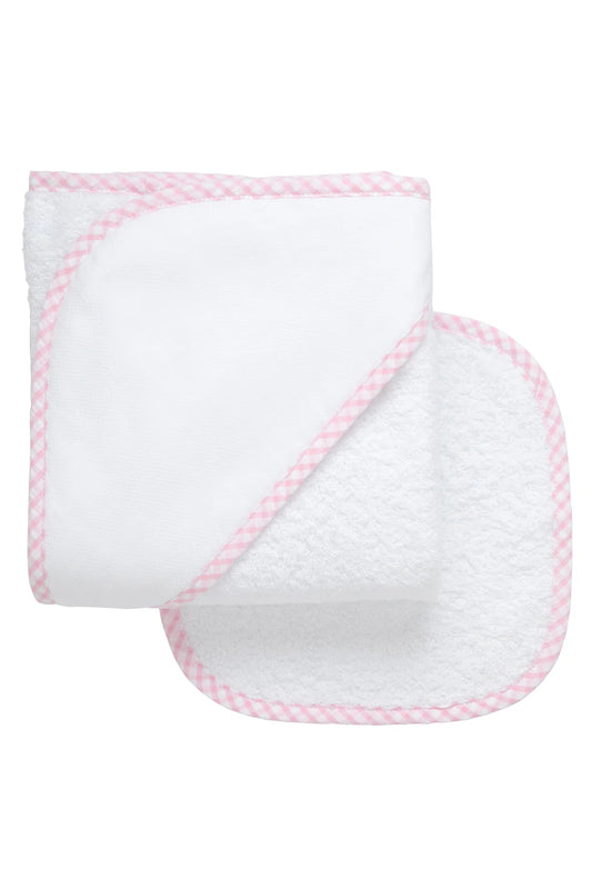 Big Check Trim Baby Hooded Towel & Washcloth Set, Pink