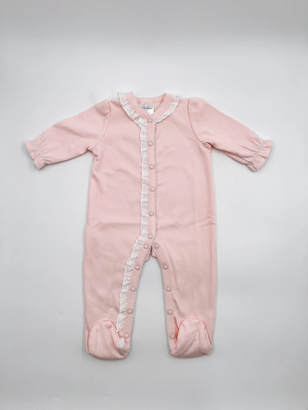 Lace Trim Footie- Light Pink W/White Trim
