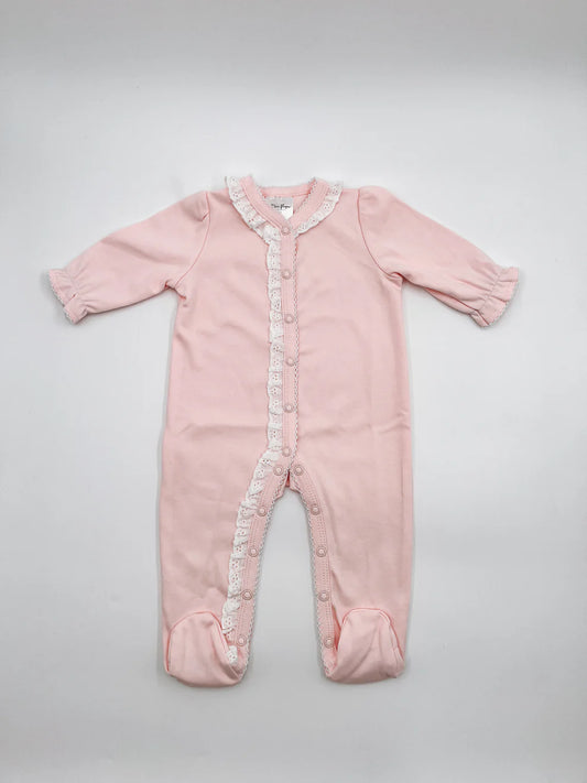 Lace Trim Footie- Light Pink W/White Trim