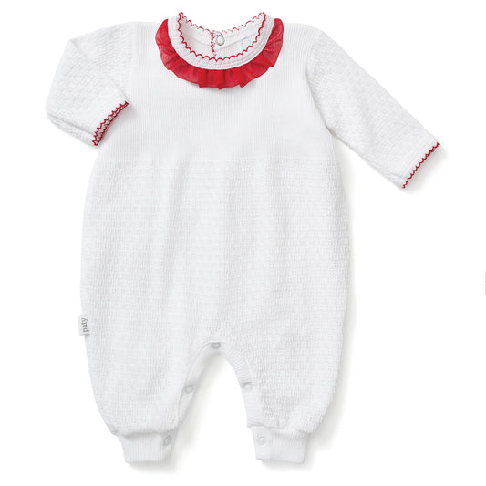 Long Sleeve Romper W/Chiffon Trim-Red