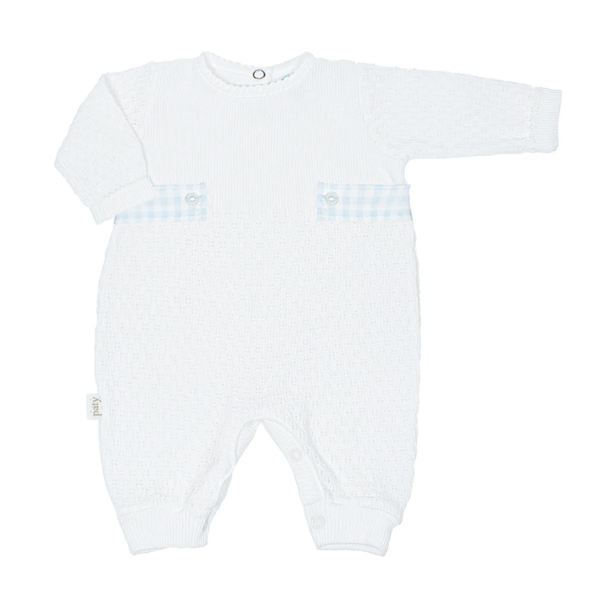 Long Sleeve Romper W/Gingham Tabs- Blue