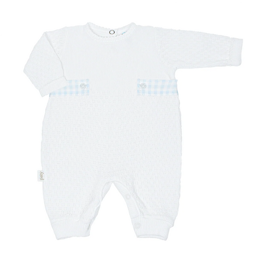 Long Sleeve Romper W/Gingham Tabs- Blue