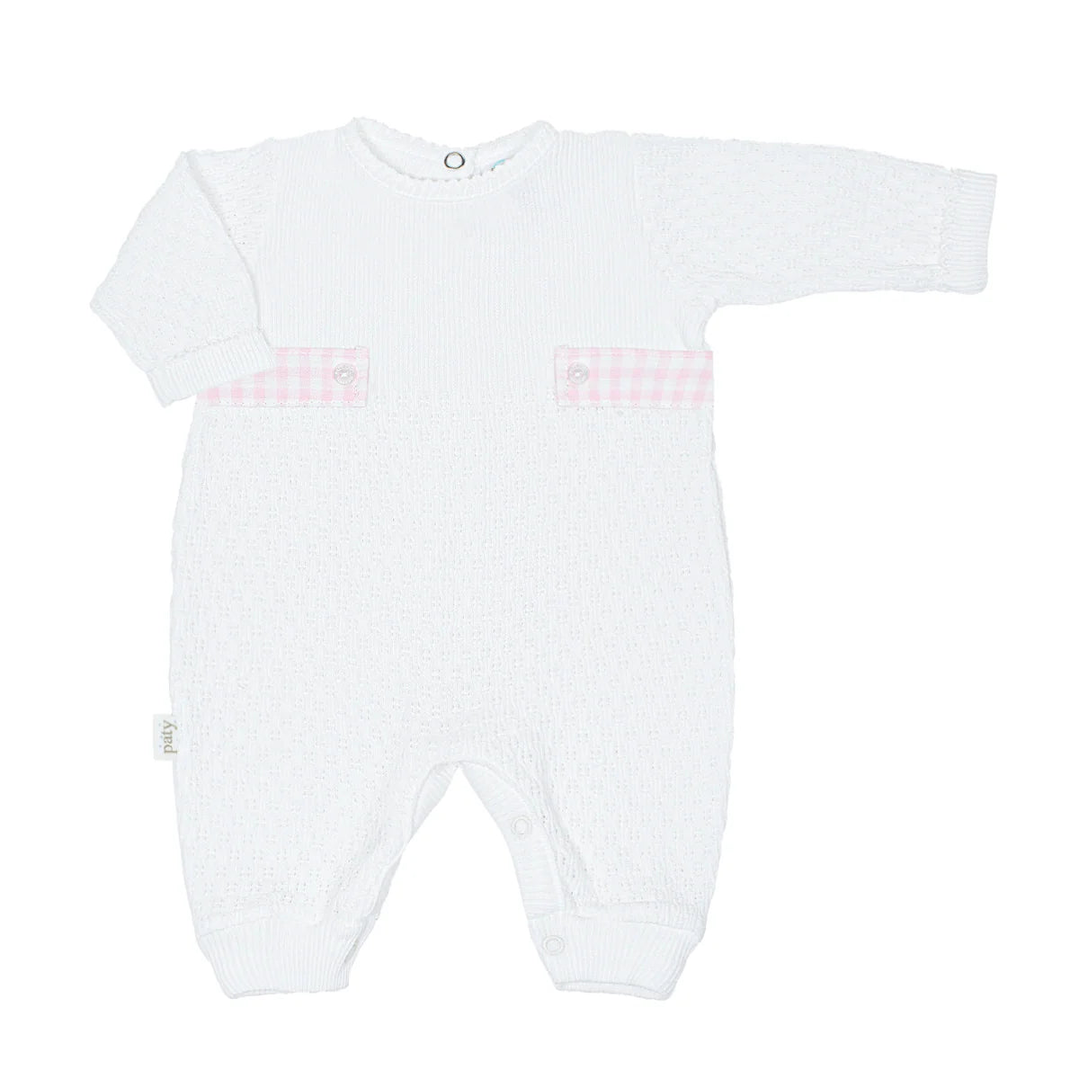 Long Sleeve Romper W/Gingham Tabs- Pink