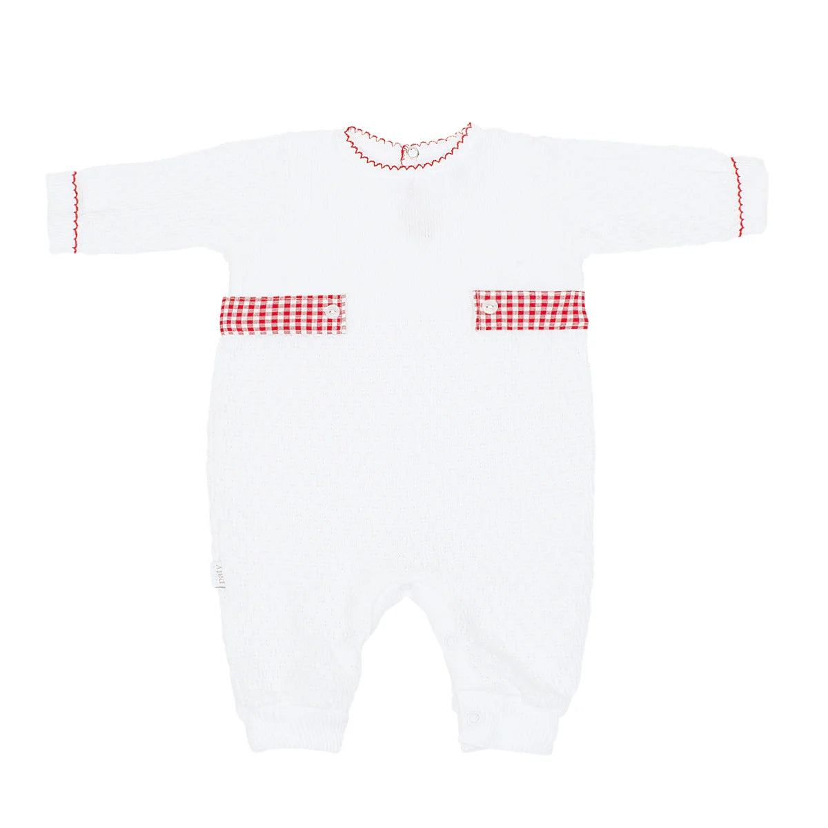Long Sleeve Romper W/Gingham Tabs- Red