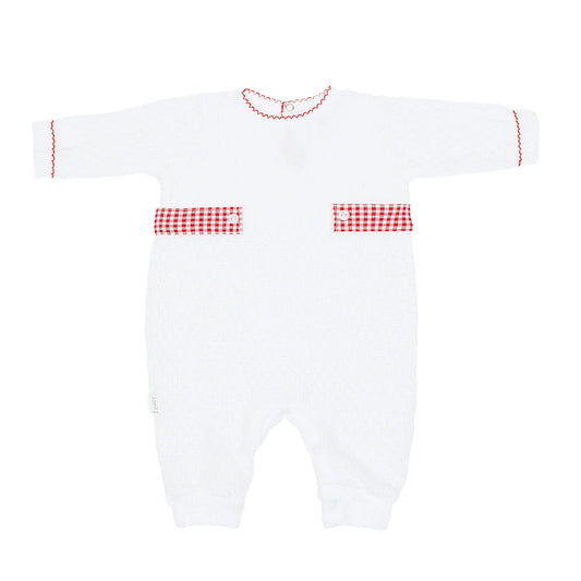 Long Sleeve Romper W/Gingham Tabs- Red