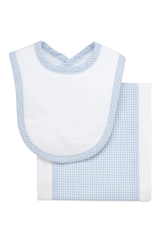 Small Check Drooler Bib & Burp Set, Blue