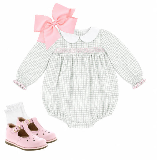 Girls sage green windowpane smocked bubble