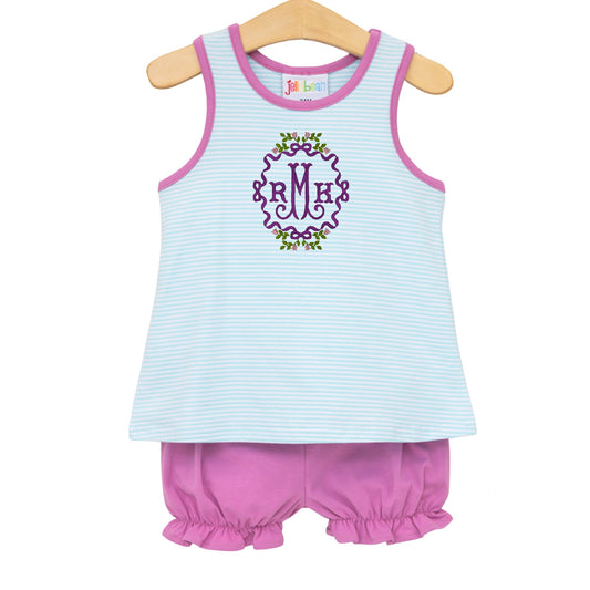 Abby Bow Back Bloomer Set- Aqua Stripe and Fuchsia