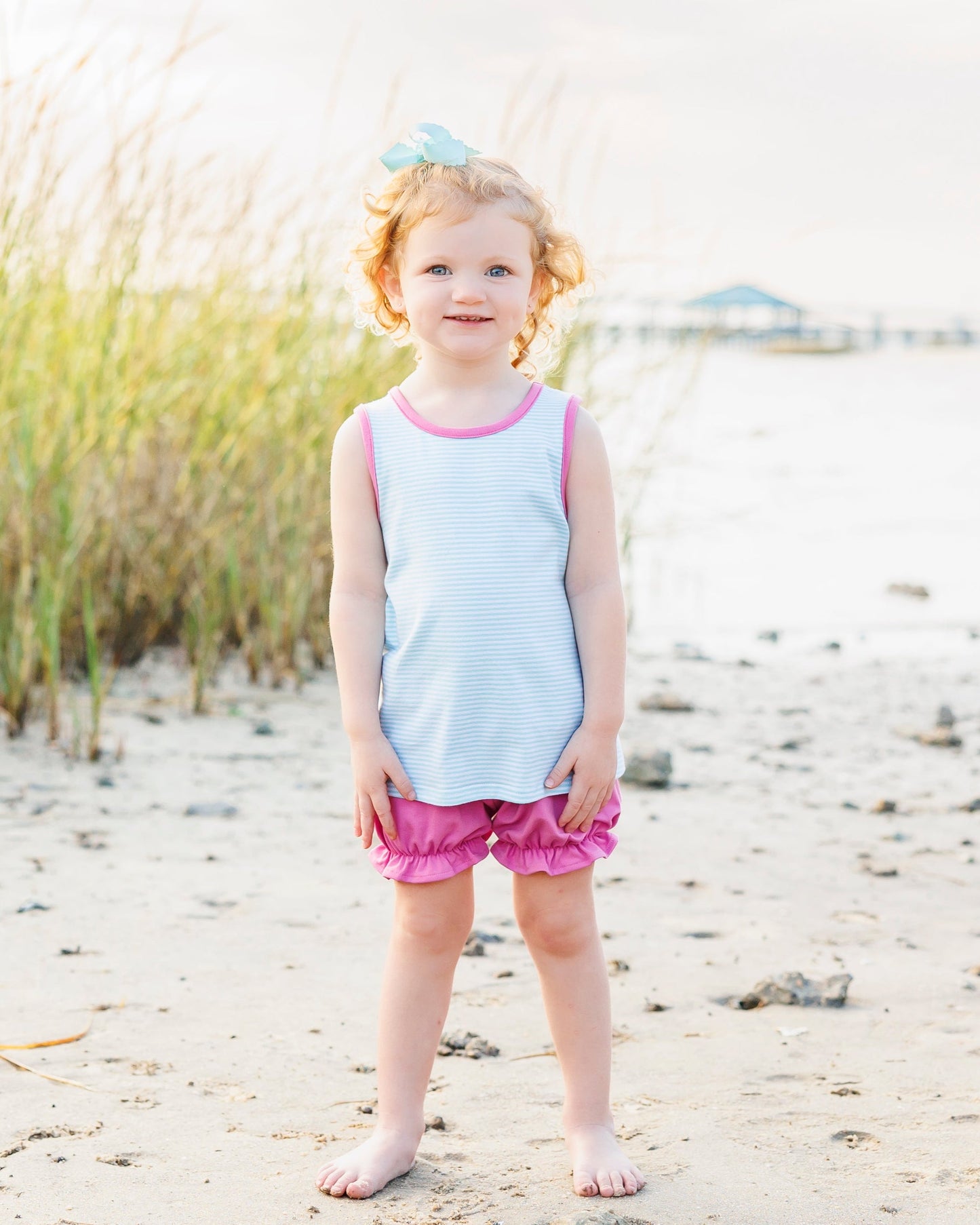 Abby Bow Back Bloomer Set- Aqua Stripe and Fuchsia