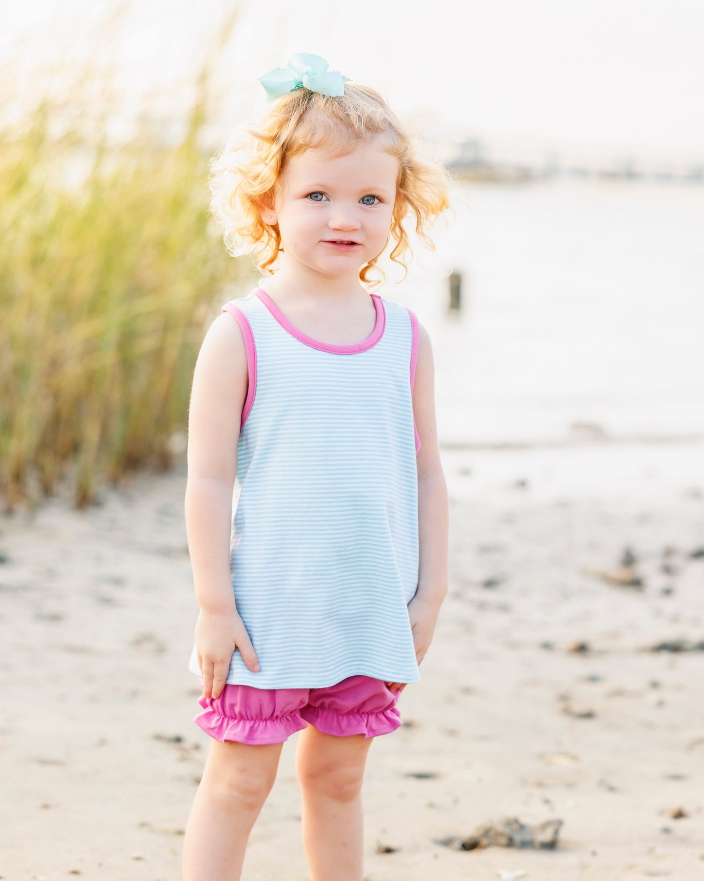 Abby Bow Back Bloomer Set- Aqua Stripe and Fuchsia