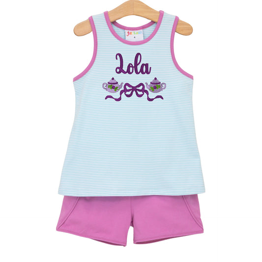 Abby Bow Back Short Set- Aqua Stripe and Fuchsia