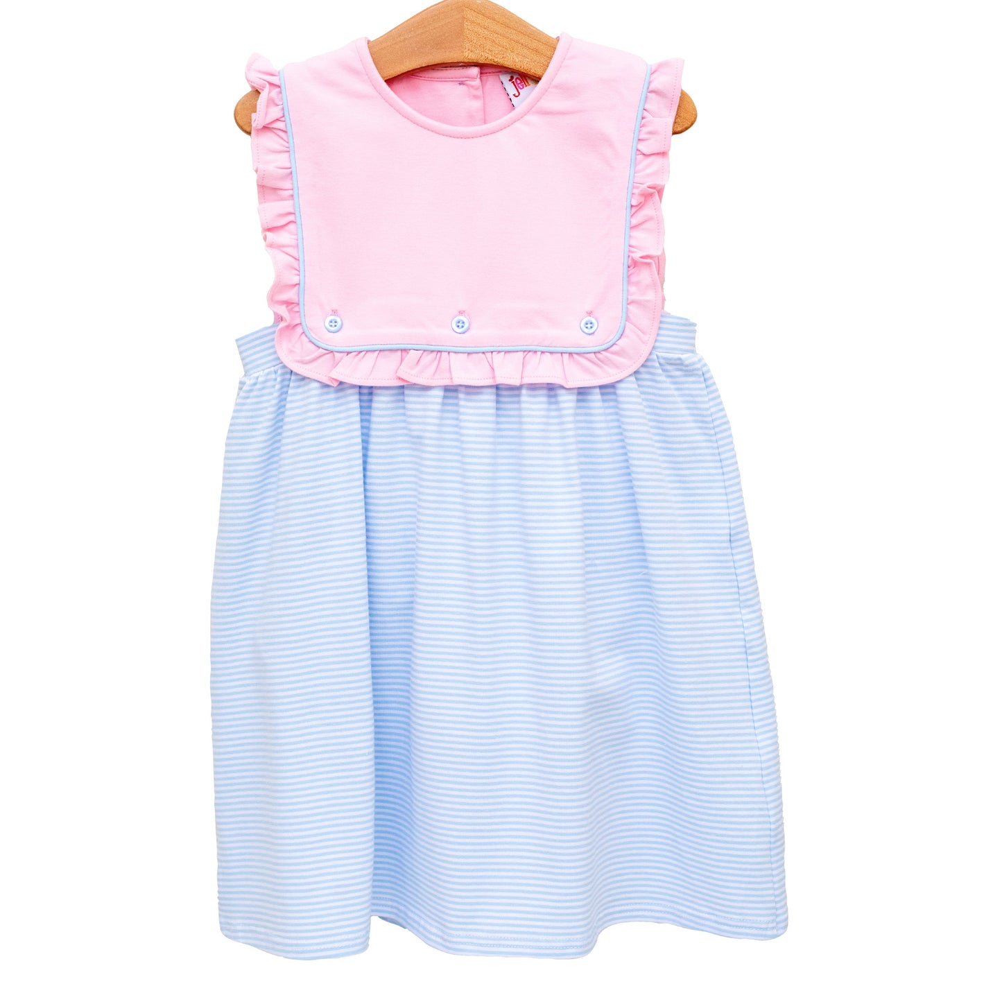 Amelia Dress- Pink with Light Blue Stripe