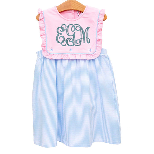 Amelia Dress- Pink with Light Blue Stripe