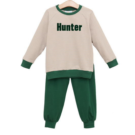 Connor Jogger Set- Tan Stripe/Hunter Green