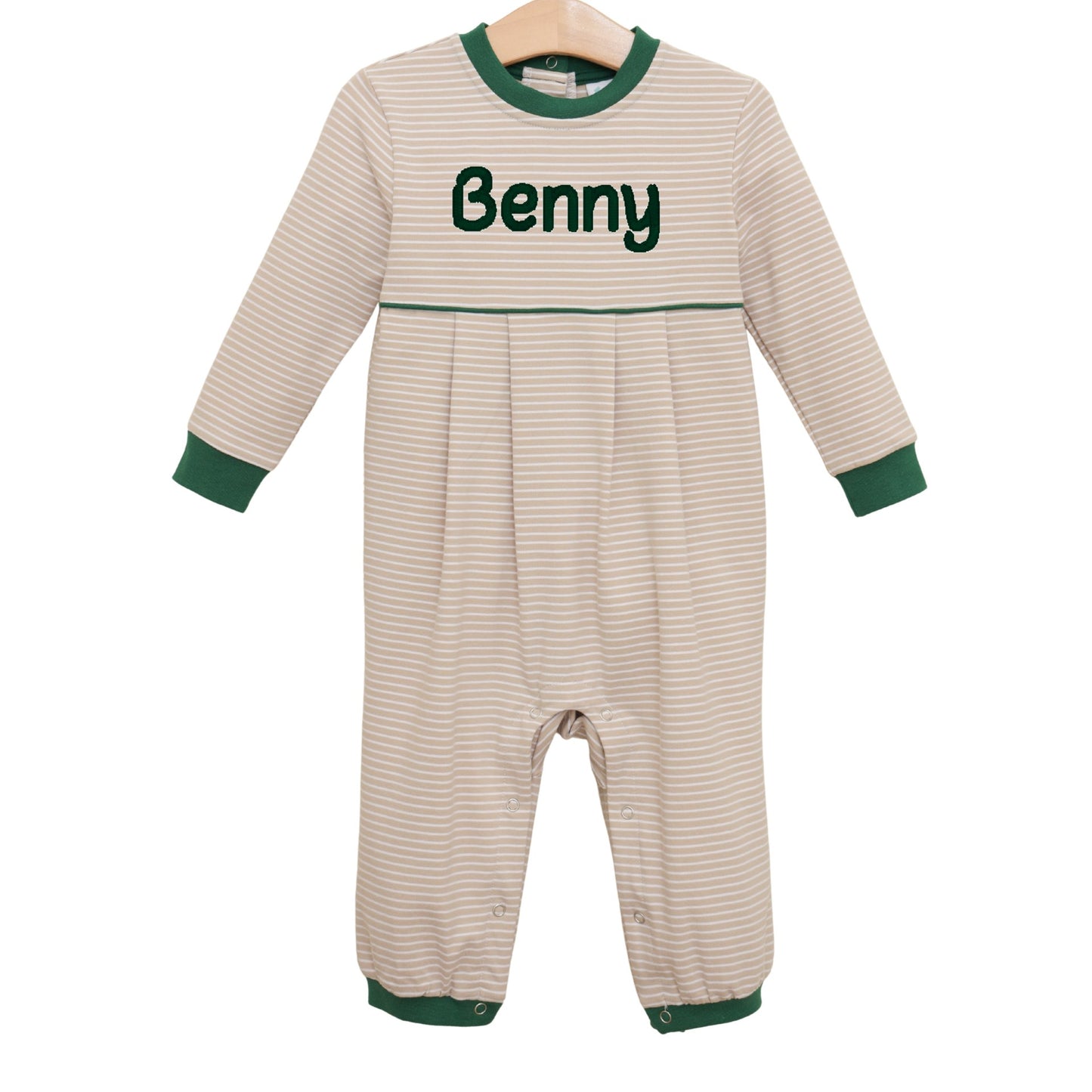 Patrick Romper- Tan Stripe/Hunter Green