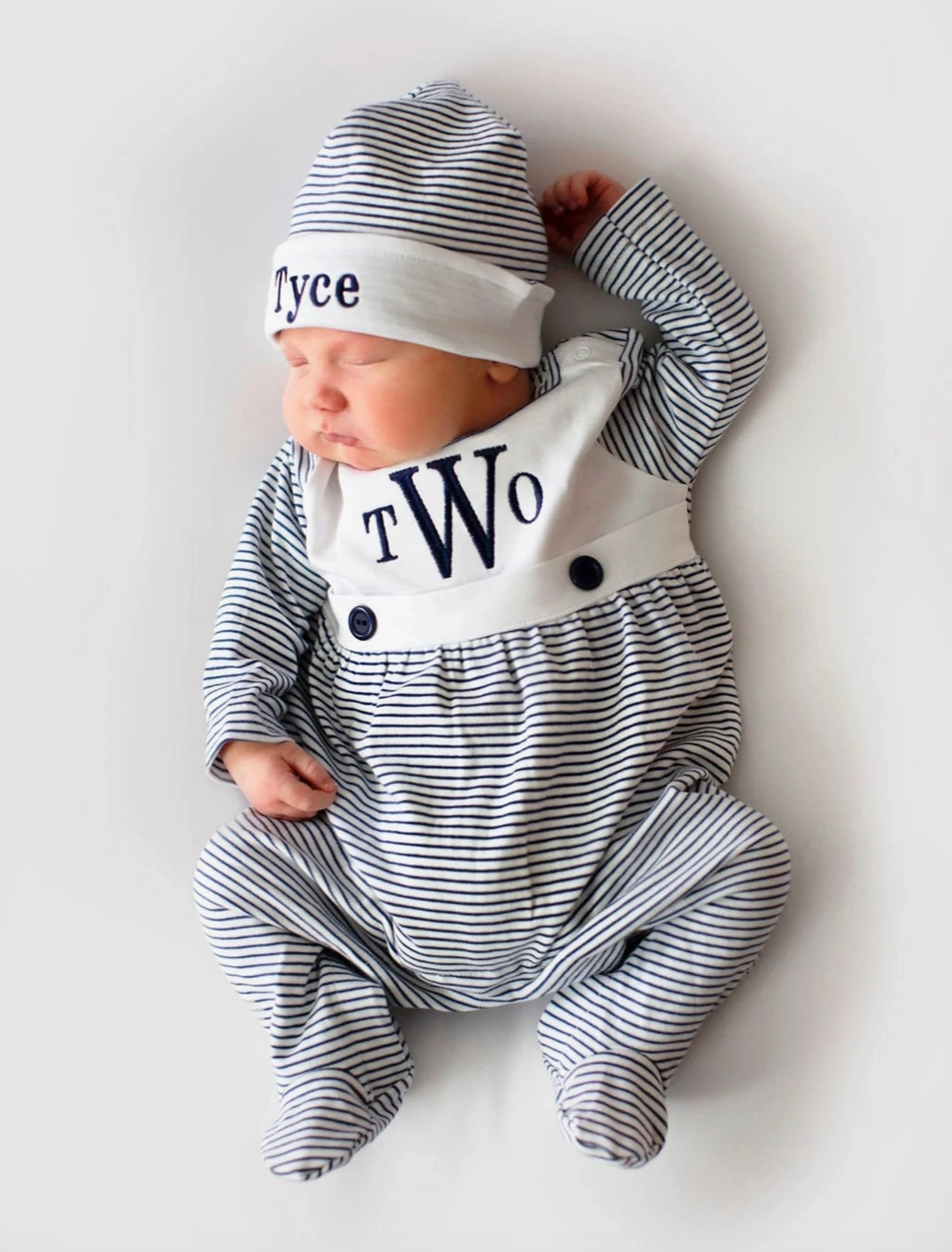 Navy Mini Stripe Bib Front Footie and Hat