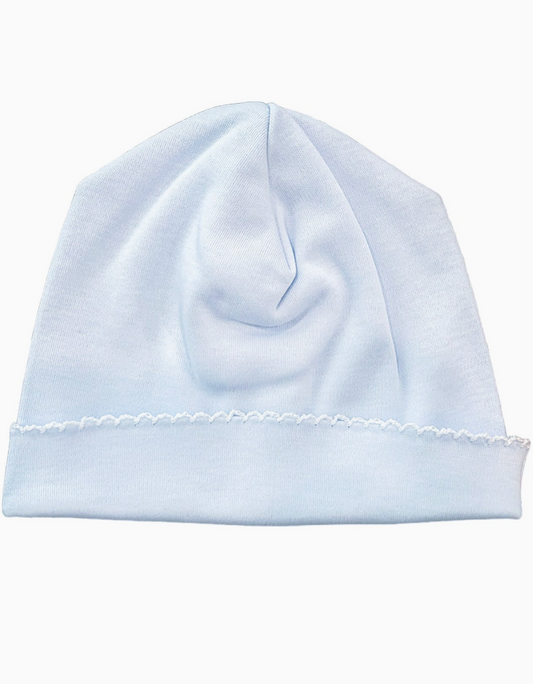 Picot Trimmed Hat- Light Blue W/White Trim